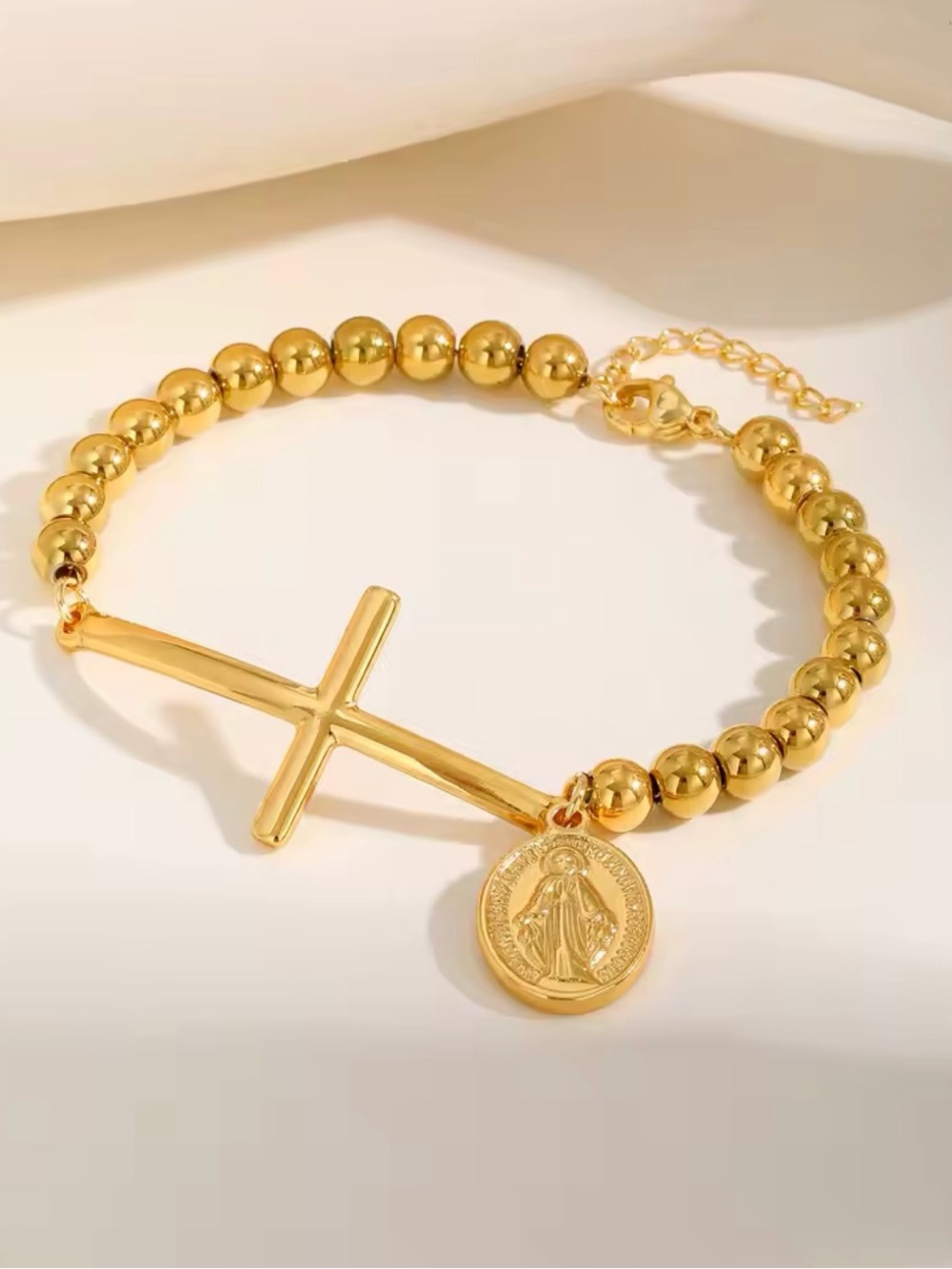 18K Gold PVD Beaded Cross Bracelet with Religious Medal